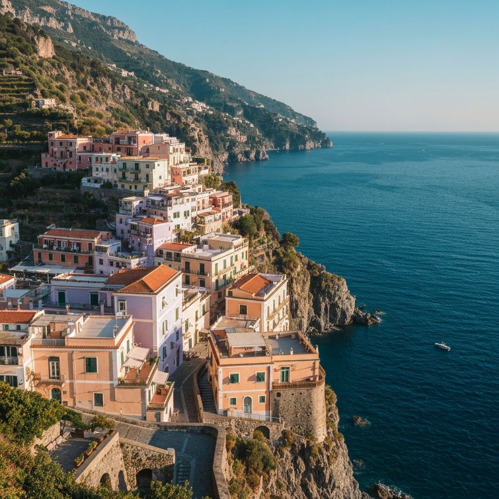 Italy colorful houses on cliffside overlooking Mediterranean