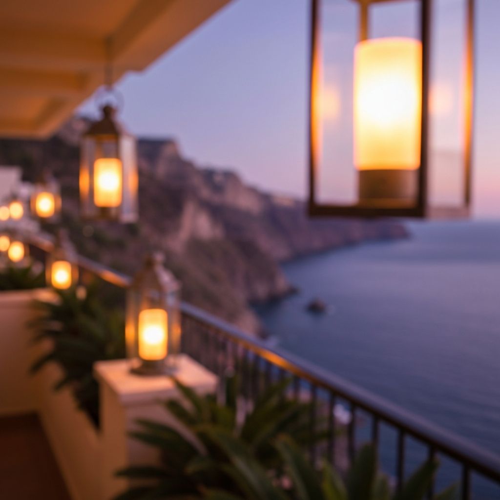A candlelit table for two on a balcony overlooking the coast at sunset