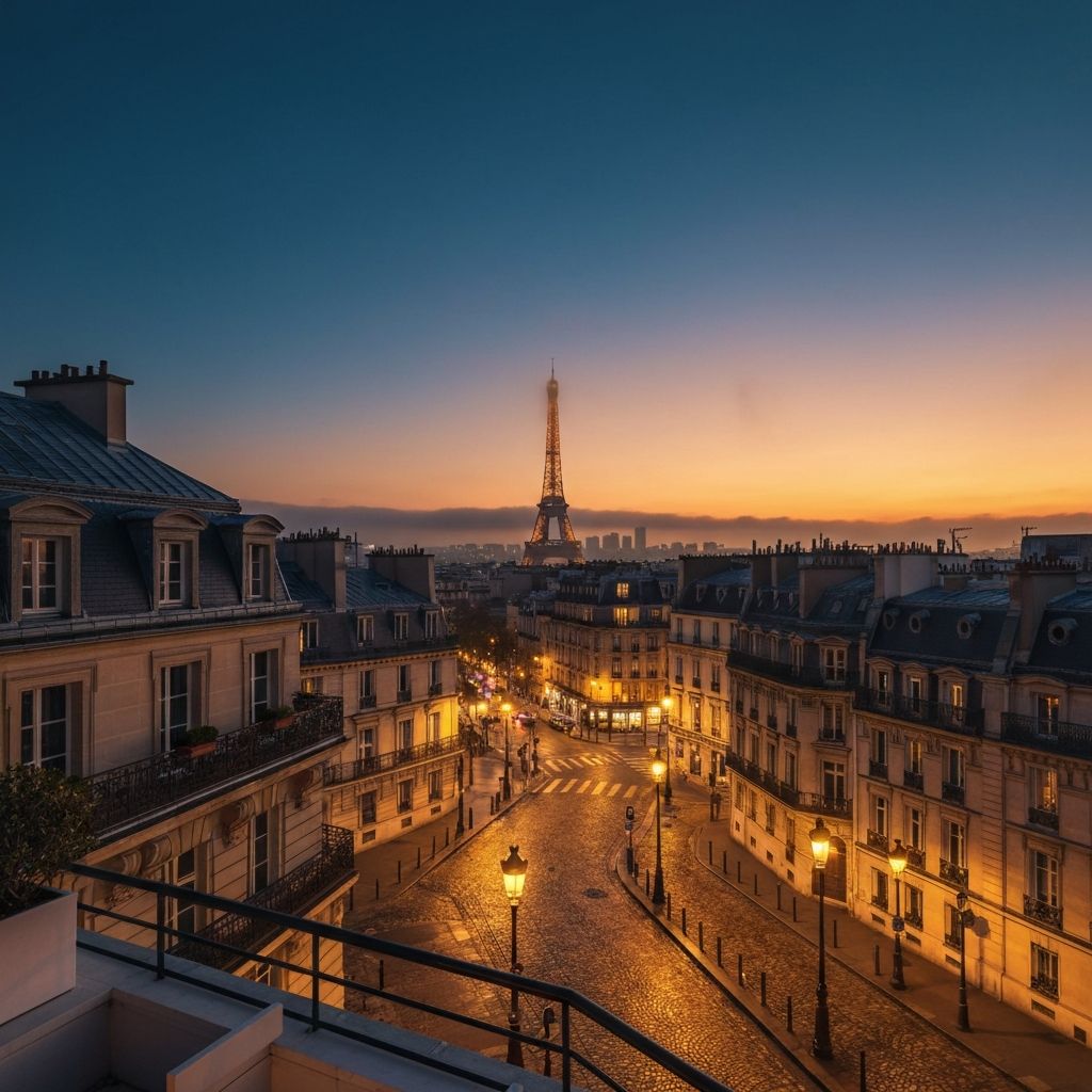 Paris at twilight with Eiffel Tower in distant fog